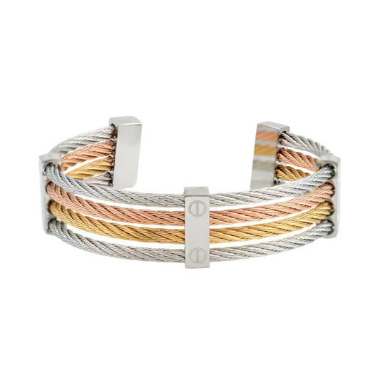 cuff βραχιόλι με πολυχρωμία σε ασημί, χρυσό και ροζ συρμάτινο σχέδιο.