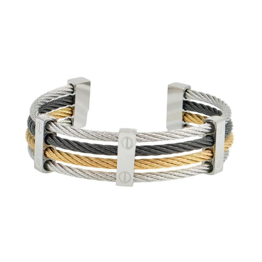 cuff βραχιόλι σε ασημί, χρυσό και μαύρο, με συρμάτινες λεπτομέρειες.