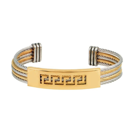 βραχιόλι cuff με μοτίβο Greek Key και πλεγμένα συρμάτινα σχέδια σε χρυσό και ασημί.