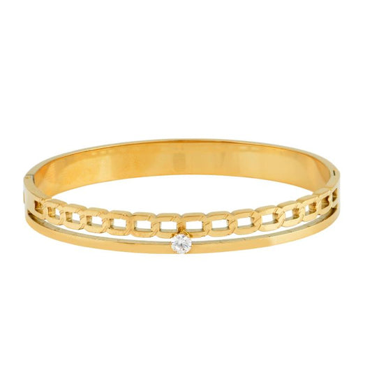 Χρυσό βραχιόλι με γεωμετρική αλυσίδα και λαμπερό διαμάντι στο κέντρο.