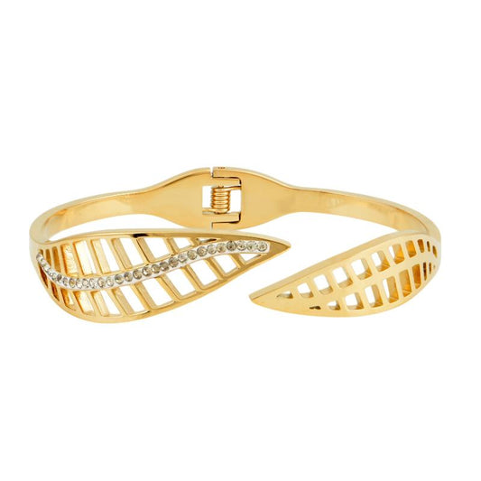 Χρυσό βραχιόλι με μοτίβο φύλλου και διακοσμητικά ζιργκόν για ρομαντική κομψότητα.