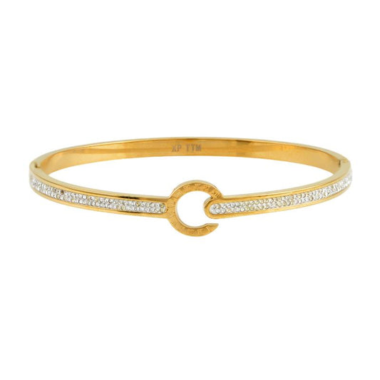 Χρυσό βραχιόλι με στρογγυλές πέτρες και γεωμετρικό σχέδιο για μοντέρνο και πολυτελές στυλ.