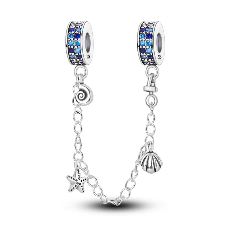 Αλυσίδα ασφαλείας με charms αστερία & κοχύλι, μπλε πέτρες – καλοκαιρινό στυλ