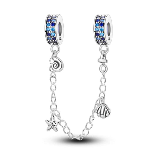 Αλυσίδα ασφαλείας με charms αστερία & κοχύλι, μπλε πέτρες – καλοκαιρινό στυλ