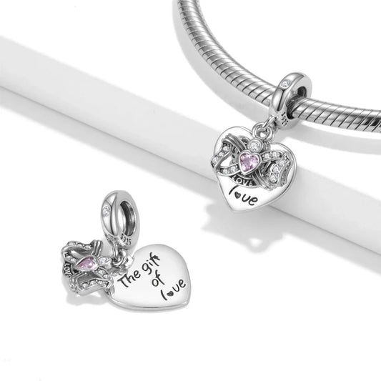Charm καρδιά με επιγραφή "The gift of love" και ροζ πέτρα