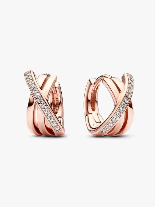 Σκουλαρίκια κρίκοι ροζ χρυσαφι με πέτρες ζιργκόν και crossover σχεδιασμό