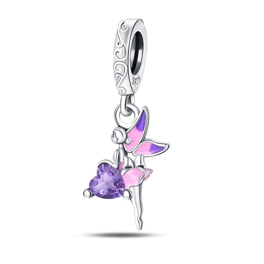Charm νεράιδα από ασήμι 925 με μοβ καρδιά και ροζ φτερά