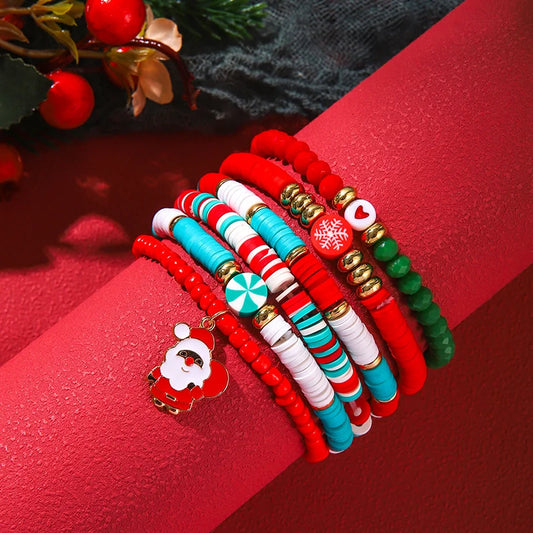 festive red white turquoise bracelet set με χιονονιφάδα