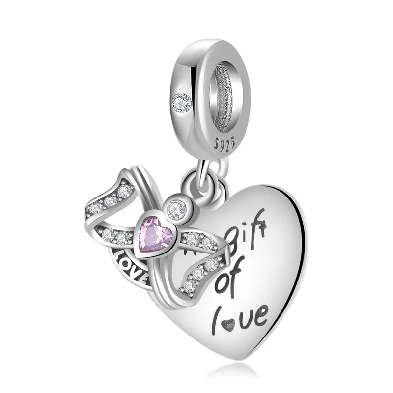 Charm καρδιά με επιγραφή "The gift of love" και ροζ πέτρα