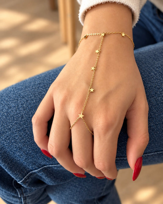 Βραχιόλι hand chain με δαχτυλίδι και αστεράκια
