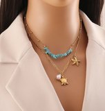 Κολιέ με χρυσή αλυσίδα, τιρκουάζ πέτρες και charms αστερία & χελωνάκι