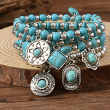 Σετ Boho Βραχιόλια με Τιρκουάζ Χάντρες & Ασημί Charms
