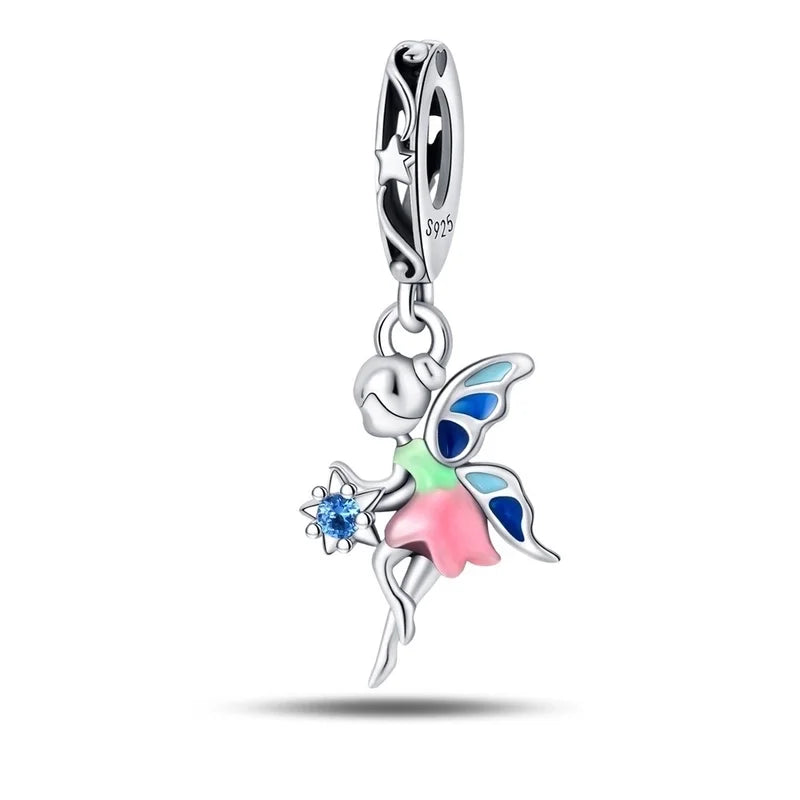 Charm νεράιδα από ασήμι 925 με χρωματιστά φτερά και μπλε πέτρα