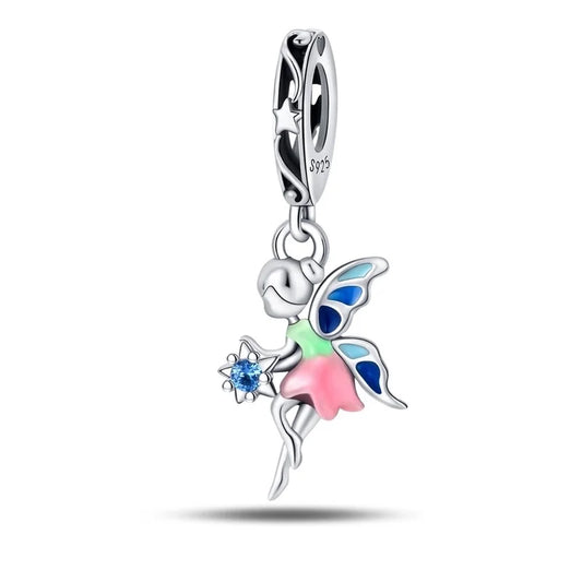 Charm νεράιδα από ασήμι 925 με χρωματιστά φτερά και μπλε πέτρα