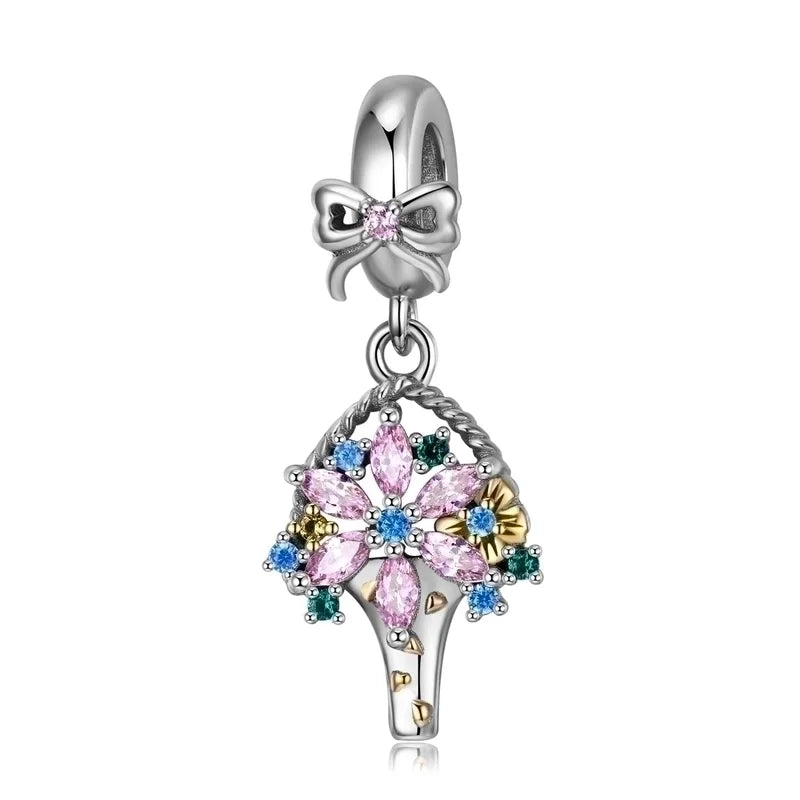 Charm με καλάθι λουλουδιών και φιόγκο από ασήμι 925