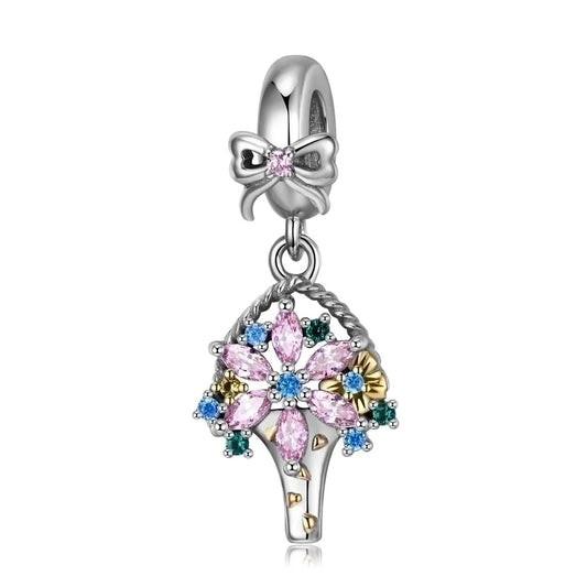Charm με καλάθι λουλουδιών και φιόγκο από ασήμι 925