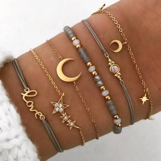 Boho σετ βραχιολιών με πέρλες και γκρι κορδόνι