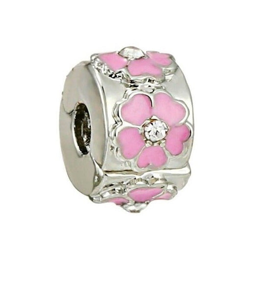 Charm Ασημί με Ροζ Λουλούδια